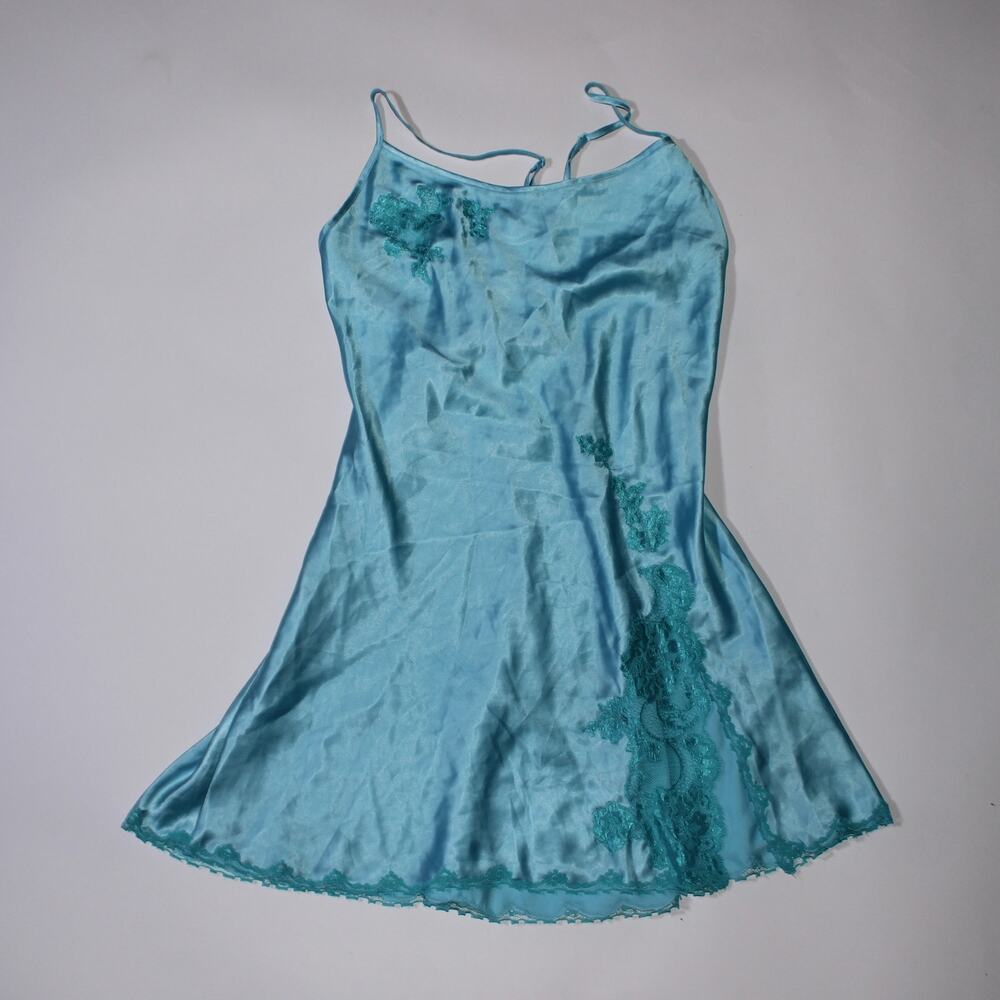 Victoria's Secret Aqua Slip Dress With Lace Trim And Slit Size S